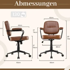 Ergonomischer Bürostuhl mit Armlehnen & Rollen Höhenverstellbarer Drehstuhl Computerstuhl Braun