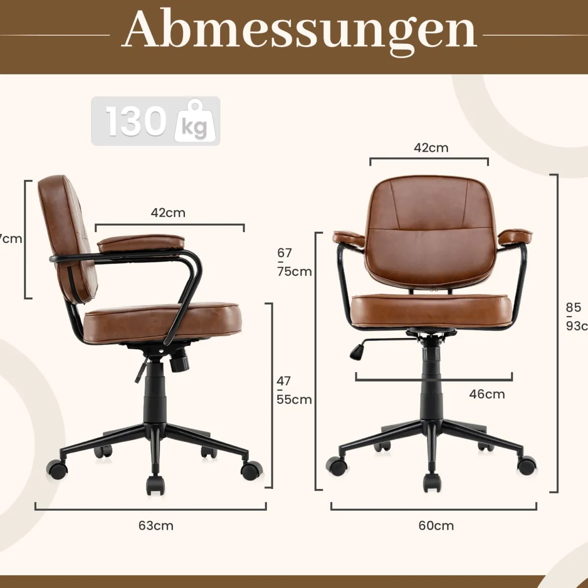 Ergonomischer Bürostuhl mit Armlehnen & Rollen Höhenverstellbarer Drehstuhl Computerstuhl Braun