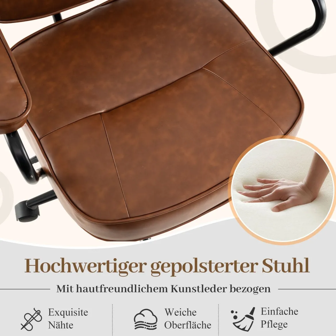 Ergonomischer Bürostuhl mit Armlehnen & Rollen Höhenverstellbarer Drehstuhl Computerstuhl Braun