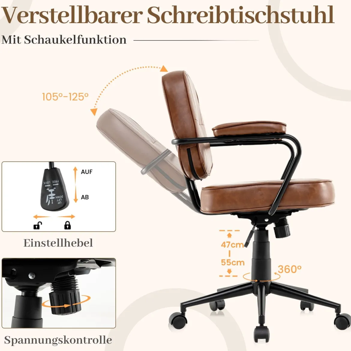 Ergonomischer Bürostuhl mit Armlehnen & Rollen Höhenverstellbarer Drehstuhl Computerstuhl Braun
