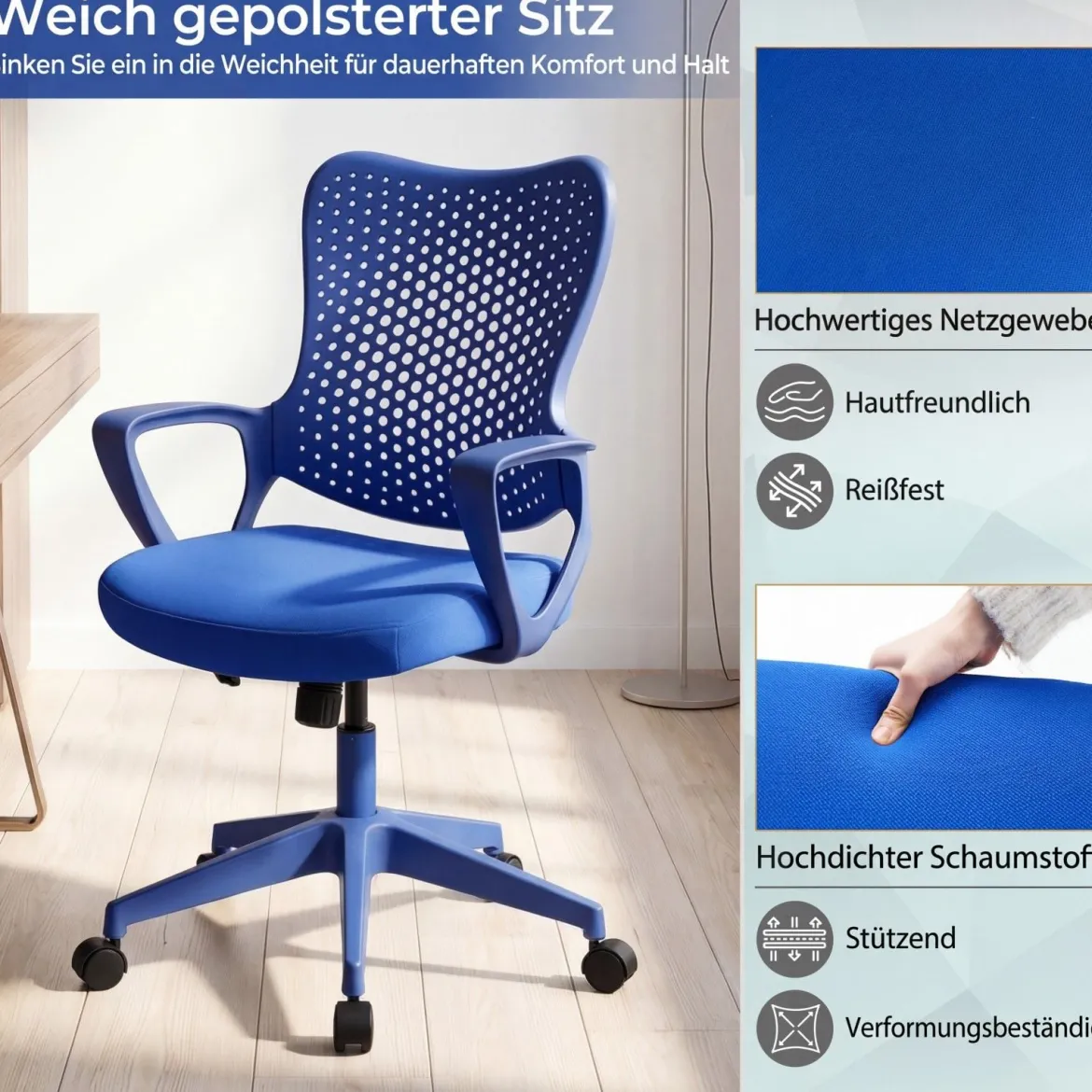 Ergonomischer Bürostuhl mit Atmungsaktive Mesh-Rückenlehne Höhenverstellbarer Drehstuhl Blau