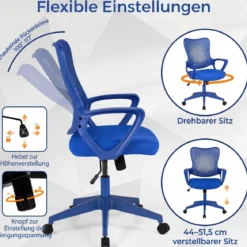 Ergonomischer Bürostuhl mit Atmungsaktive Mesh-Rückenlehne Höhenverstellbarer Drehstuhl Blau