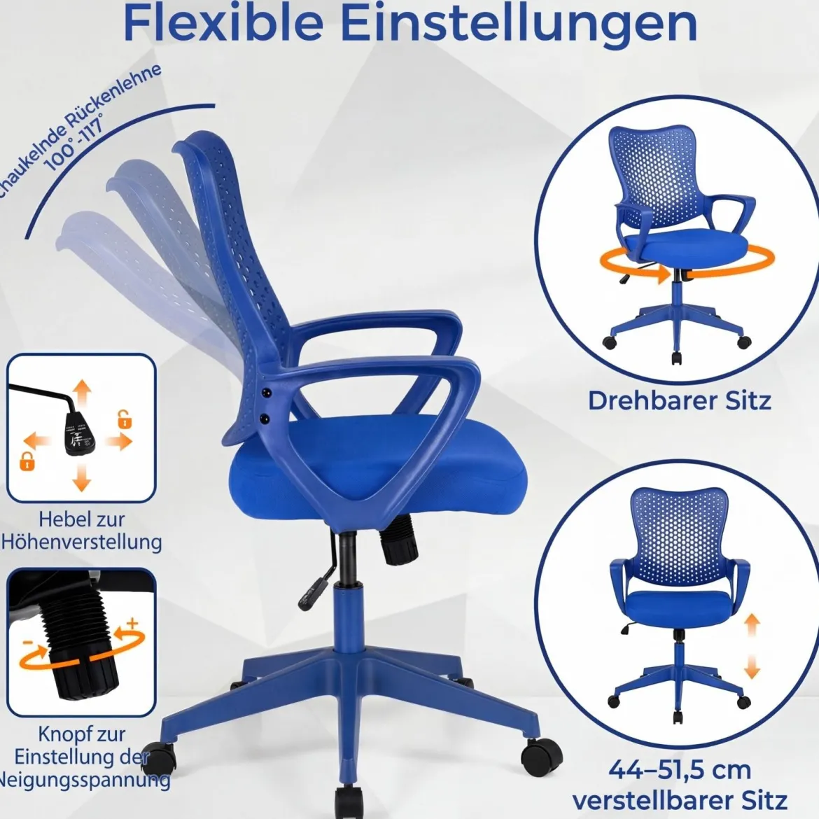 Ergonomischer Bürostuhl mit Atmungsaktive Mesh-Rückenlehne Höhenverstellbarer Drehstuhl Blau