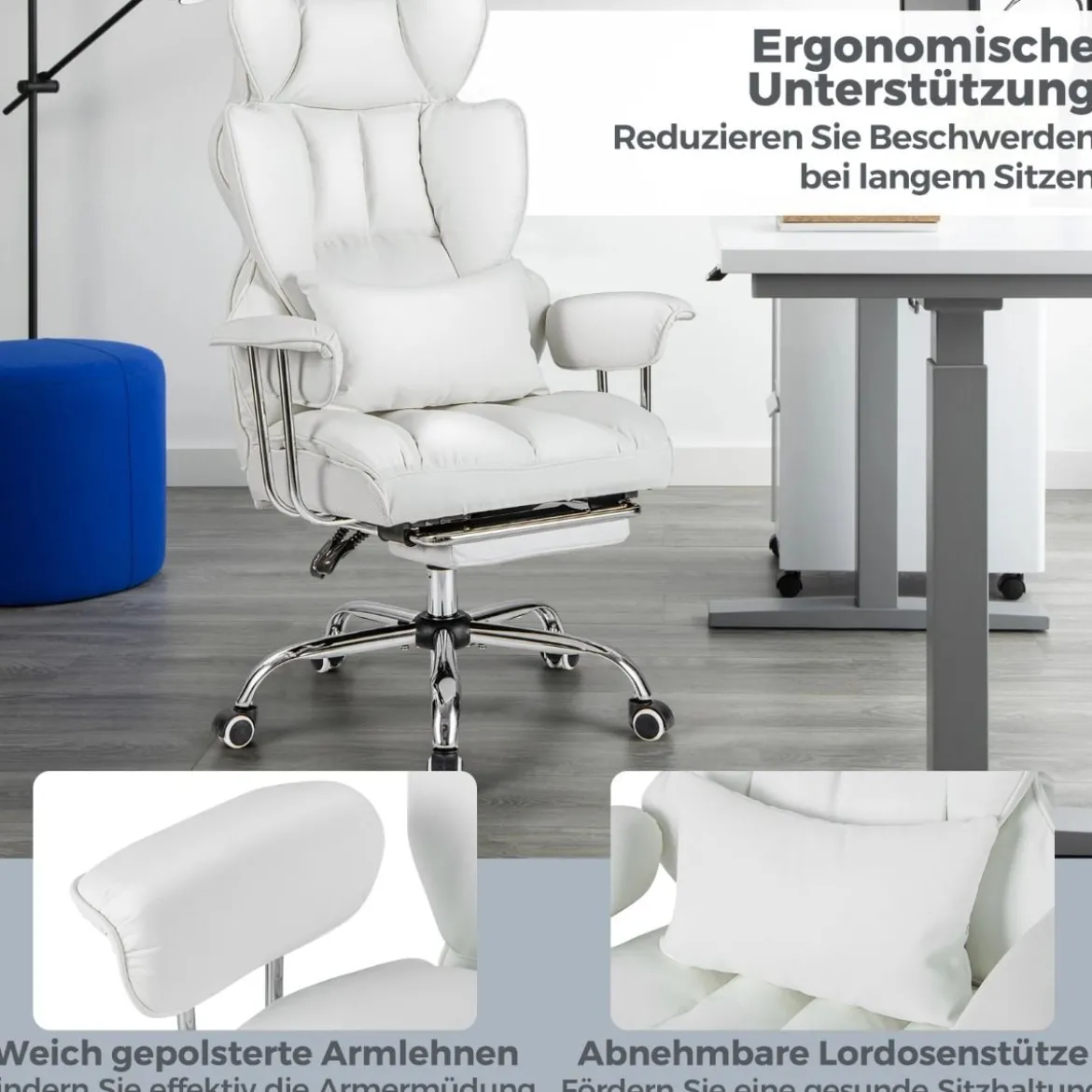 Ergonomischer Bürostuhl mit einziehbarer Fußstütze Chefsessel mit Verstellbarer hoher Rückenlehne Weiß