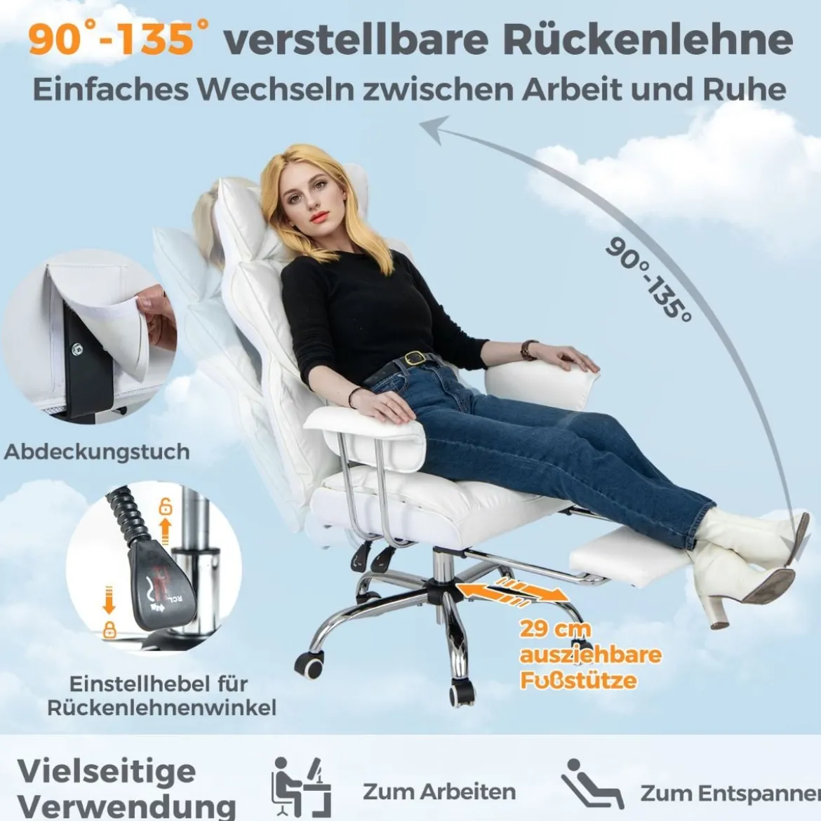 Ergonomischer Bürostuhl mit einziehbarer Fußstütze Chefsessel mit Verstellbarer hoher Rückenlehne Weiß