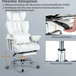 Ergonomischer Bürostuhl mit einziehbarer Fußstütze Chefsessel mit Verstellbarer hoher Rückenlehne Weiß