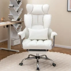 Ergonomischer Bürostuhl mit einziehbarer Fußstütze Chefsessel mit Verstellbarer hoher Rückenlehne Weiß