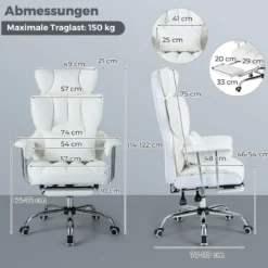 Ergonomischer Bürostuhl mit einziehbarer Fußstütze Chefsessel mit Verstellbarer hoher Rückenlehne Weiß