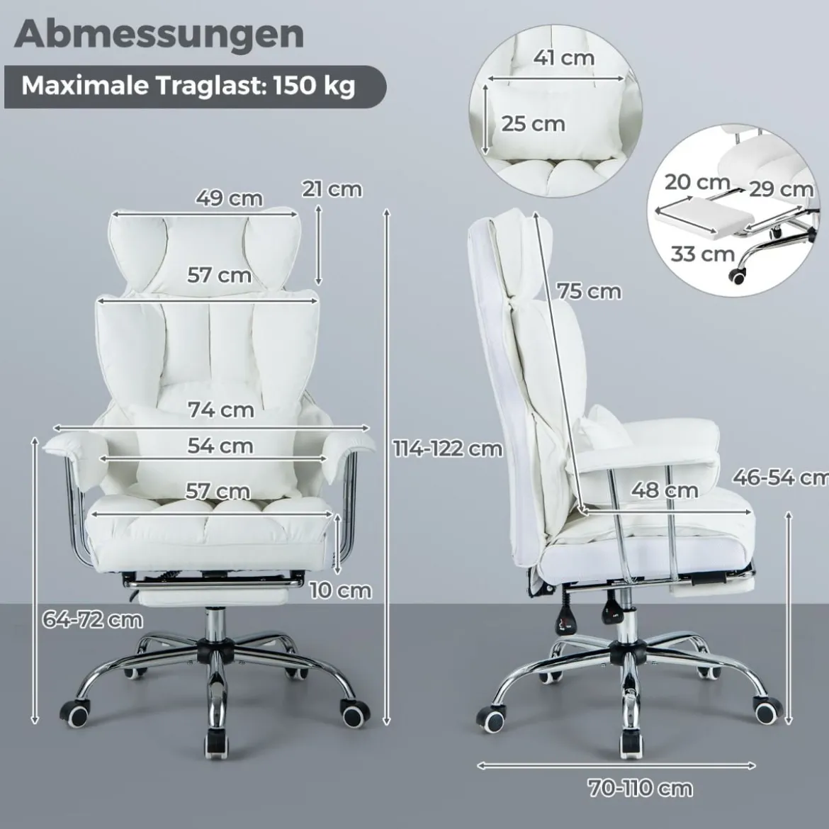 Ergonomischer Bürostuhl mit einziehbarer Fußstütze Chefsessel mit Verstellbarer hoher Rückenlehne Weiß