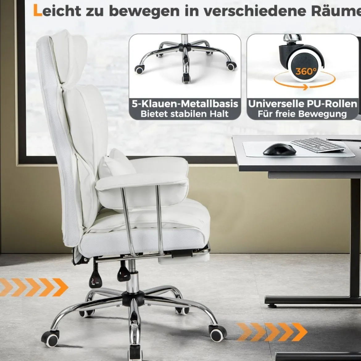 Ergonomischer Bürostuhl mit einziehbarer Fußstütze Chefsessel mit Verstellbarer hoher Rückenlehne Weiß
