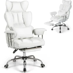 Ergonomischer Bürostuhl mit einziehbarer Fußstütze Chefsessel mit Verstellbarer hoher Rückenlehne Weiß