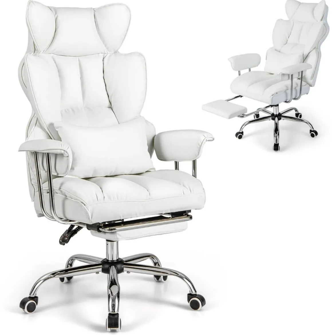 Ergonomischer Bürostuhl mit einziehbarer Fußstütze Chefsessel mit Verstellbarer hoher Rückenlehne Weiß