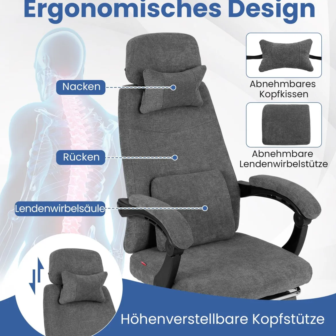 Ergonomischer Bürostuhl mit Einziehbarer Fußstütze & Verstellbarer Rückenlehne