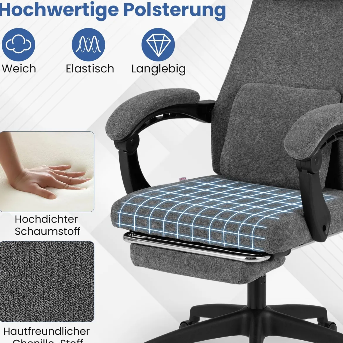 Ergonomischer Bürostuhl mit Einziehbarer Fußstütze & Verstellbarer Rückenlehne