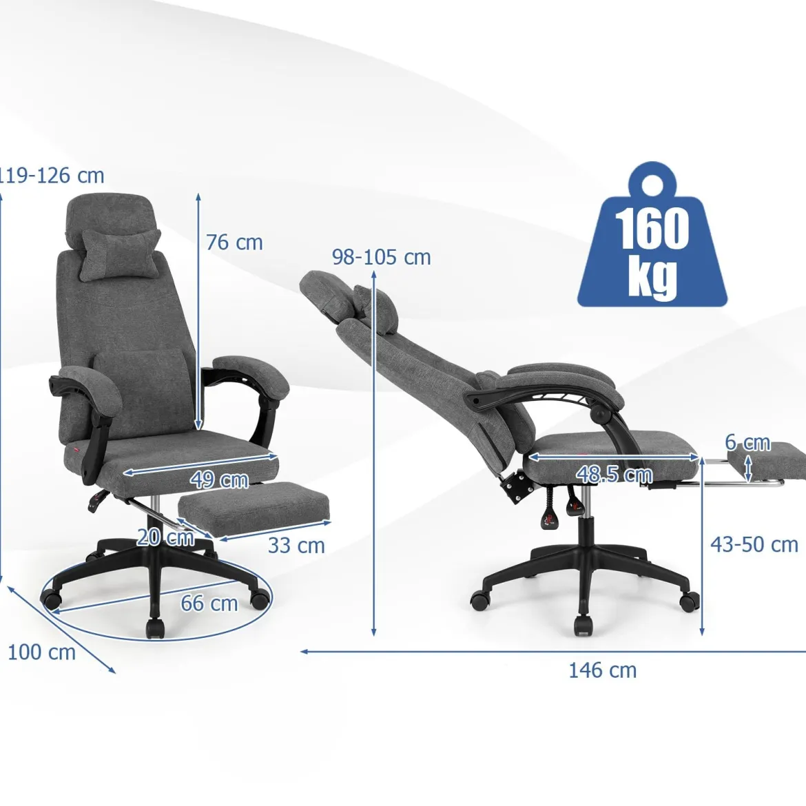 Ergonomischer Bürostuhl mit Einziehbarer Fußstütze & Verstellbarer Rückenlehne