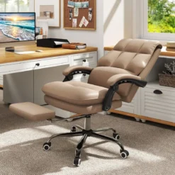 Ergonomischer Bürostuhl mit Einziehbarer Fußstütze Chefsessel Schreibtischstuhl Kaffee