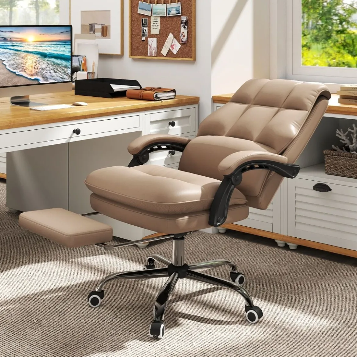 Ergonomischer Bürostuhl mit Einziehbarer Fußstütze Chefsessel Schreibtischstuhl Kaffee