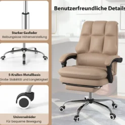Ergonomischer Bürostuhl mit Einziehbarer Fußstütze Chefsessel Schreibtischstuhl Kaffee
