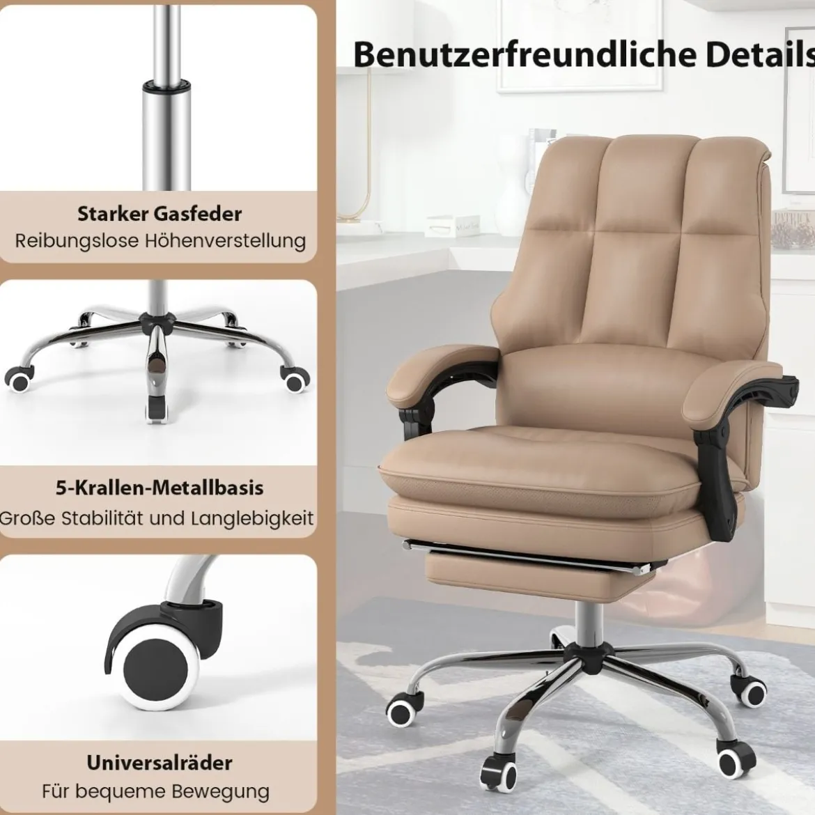 Ergonomischer Bürostuhl mit Einziehbarer Fußstütze Chefsessel Schreibtischstuhl Kaffee