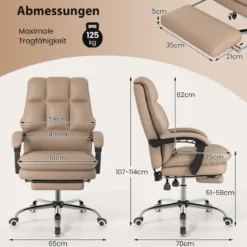 Ergonomischer Bürostuhl mit Einziehbarer Fußstütze Chefsessel Schreibtischstuhl Kaffee