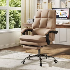 Ergonomischer Bürostuhl mit Einziehbarer Fußstütze Chefsessel Schreibtischstuhl Kaffee