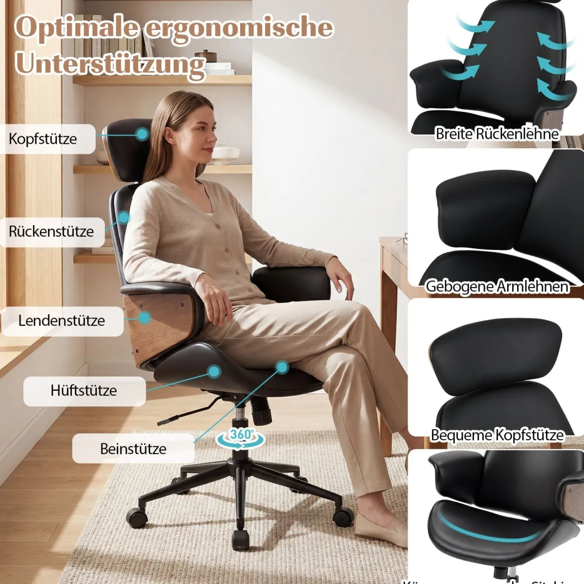Ergonomischer Bürostuhl mit Gebogenen Armlehnen & Rückenlehne & Kopfstütze Schreibtischstuhl Drehstuhl