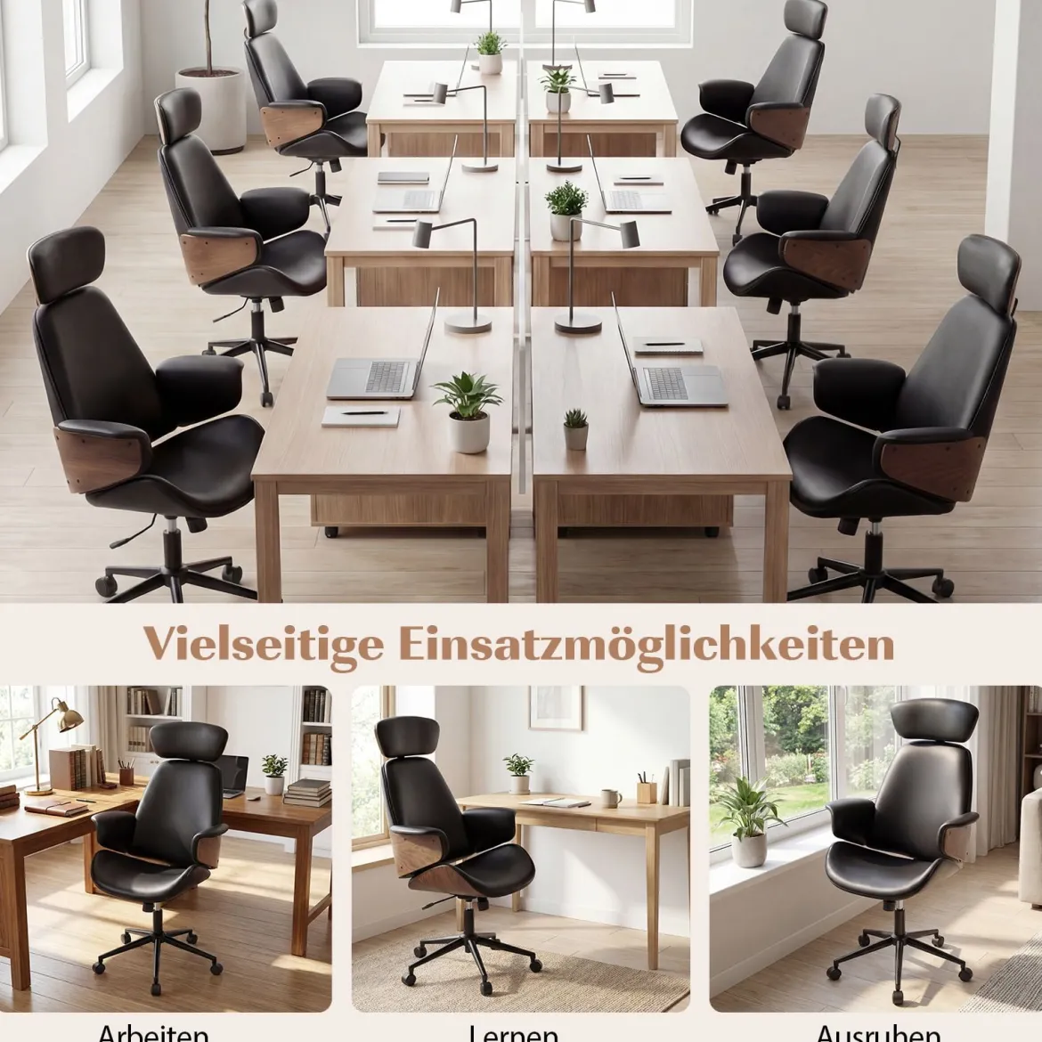 Ergonomischer Bürostuhl mit Gebogenen Armlehnen & Rückenlehne & Kopfstütze Schreibtischstuhl Drehstuhl