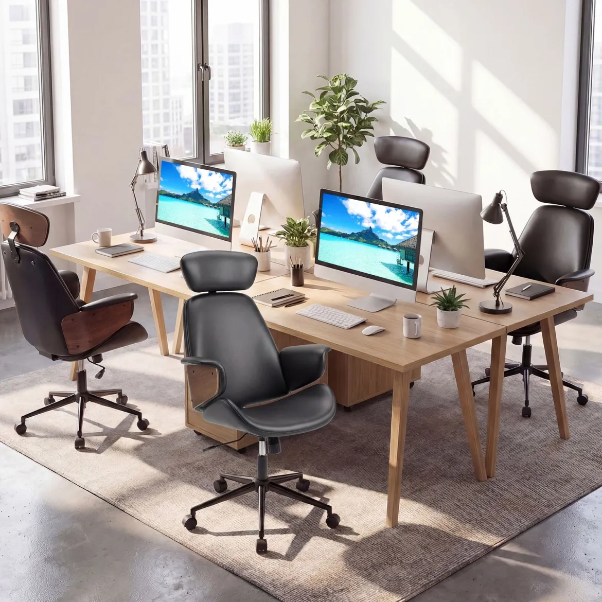 Ergonomischer Bürostuhl mit Gebogenen Armlehnen & Rückenlehne & Kopfstütze Schreibtischstuhl Drehstuhl