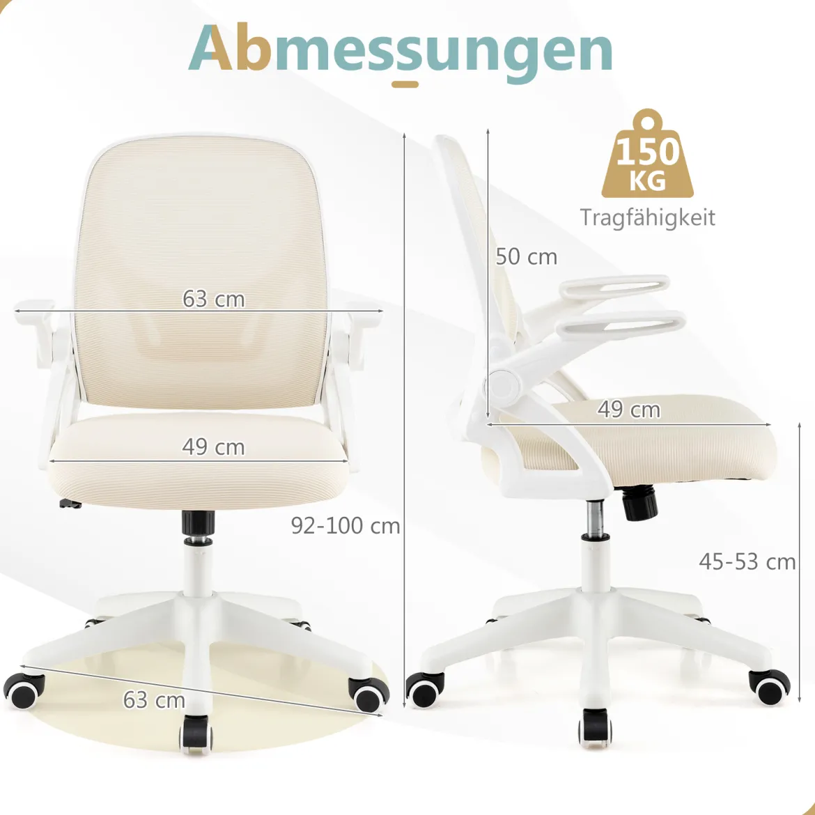 Ergonomischer Bürostuhl mit Hochklappbaren Armlehnen & Wippfunktion Computerstuhl Beige