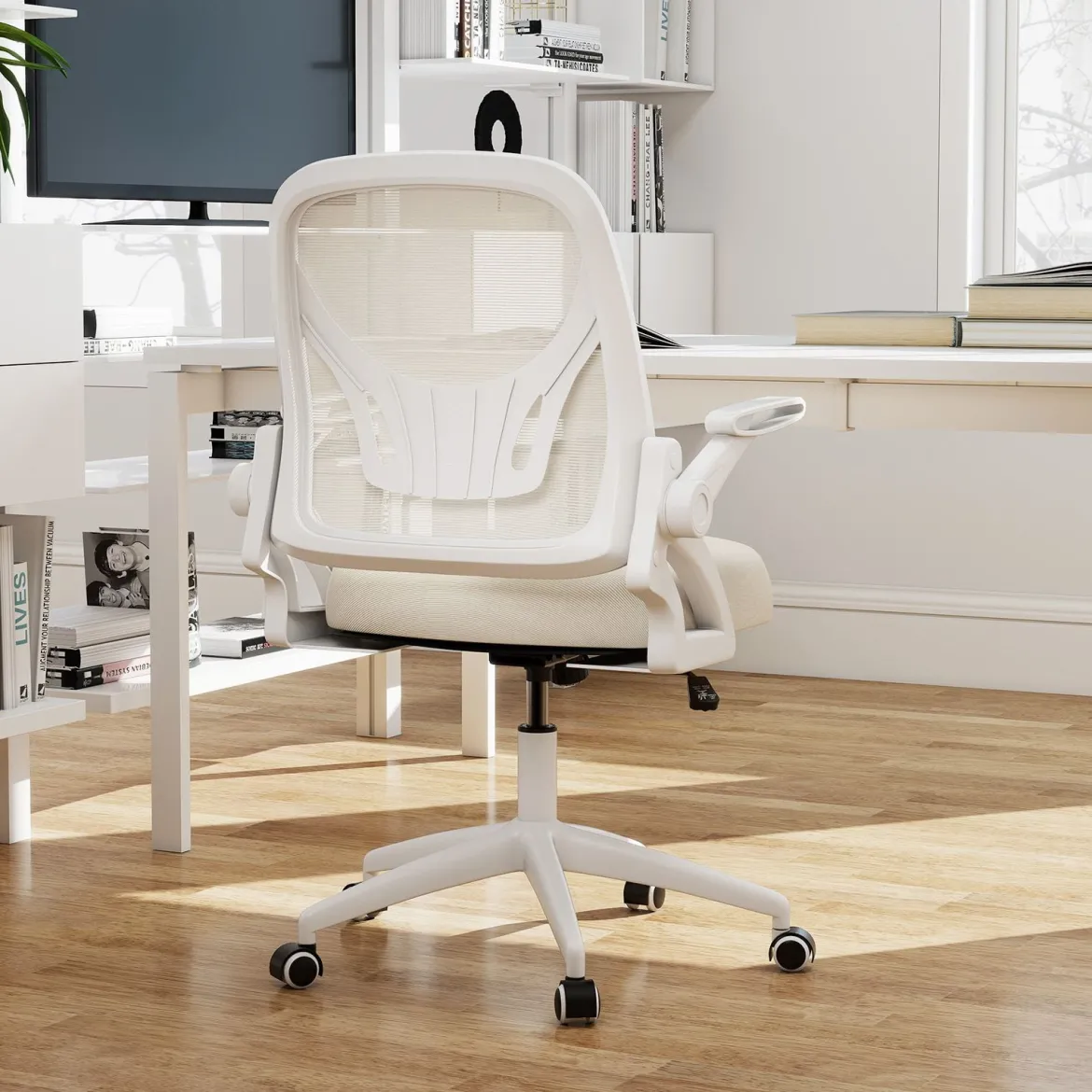 Ergonomischer Bürostuhl mit Hochklappbaren Armlehnen & Wippfunktion Computerstuhl Beige