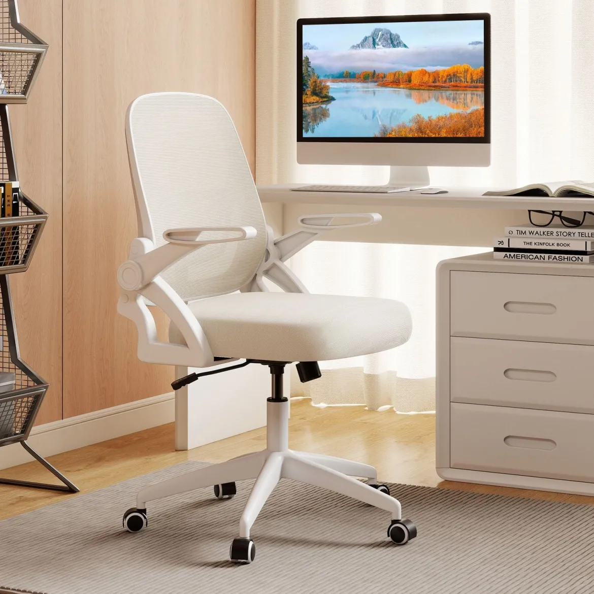 Ergonomischer Bürostuhl mit Hochklappbaren Armlehnen & Wippfunktion Computerstuhl Beige