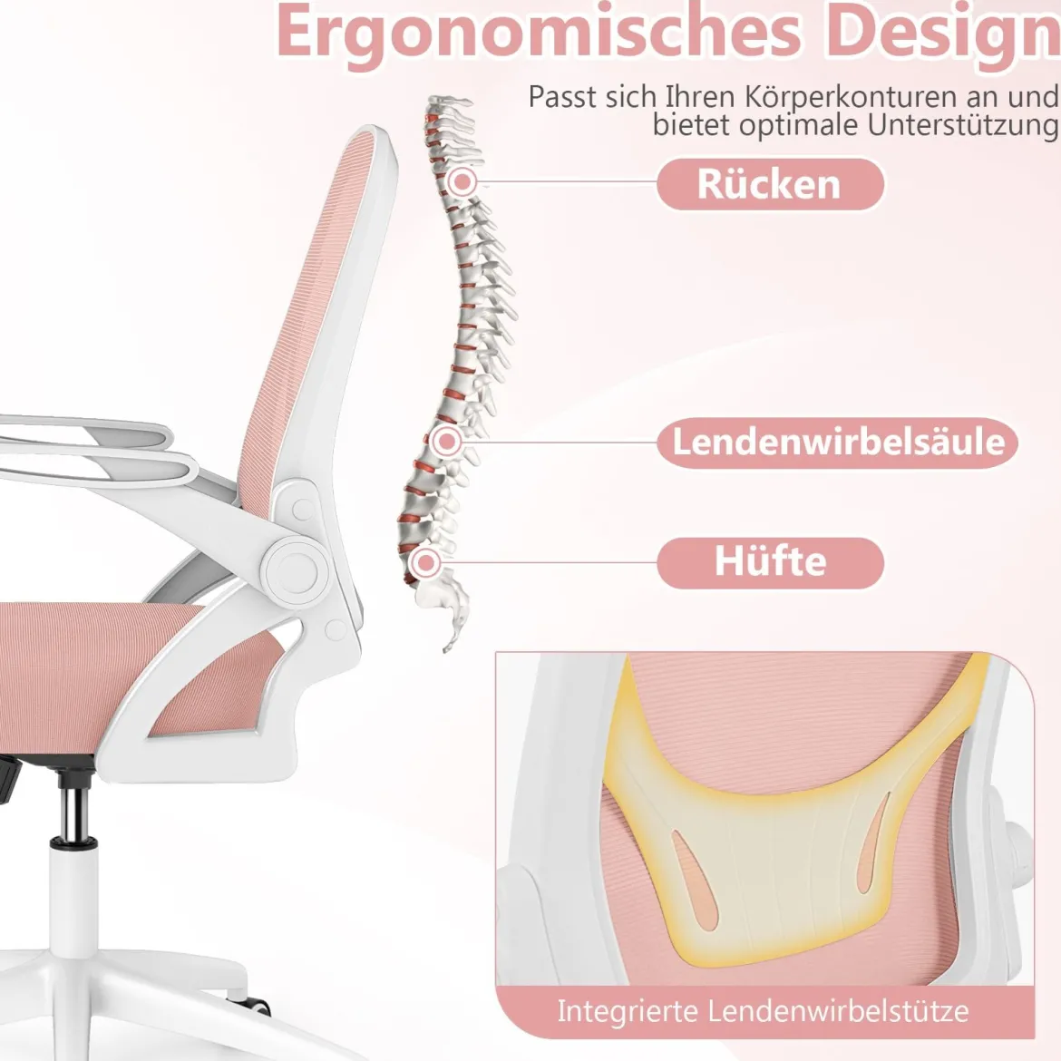Ergonomischer Bürostuhl mit Hochklappbaren Armlehnen & Wippfunktion Schreibtischstuhl Rosa