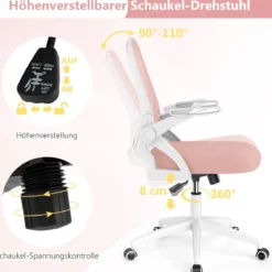 Ergonomischer Bürostuhl mit Hochklappbaren Armlehnen & Wippfunktion Schreibtischstuhl Rosa