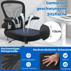 Ergonomischer Bürostuhl mit Hochklappbaren Armlehnen & Verstellbarer Lendenstütze & Wippfunktion
