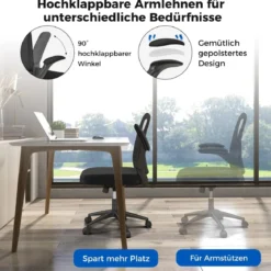 Ergonomischer Bürostuhl mit Hochklappbaren Armlehnen & Verstellbarer Lendenstütze & Wippfunktion