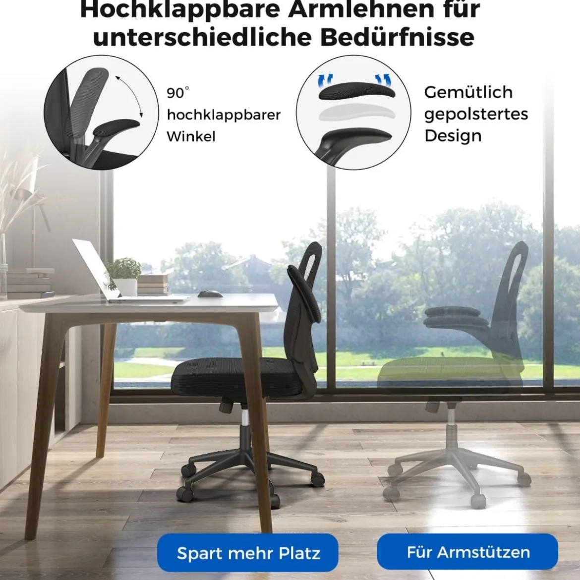Ergonomischer Bürostuhl mit Hochklappbaren Armlehnen & Verstellbarer Lendenstütze & Wippfunktion