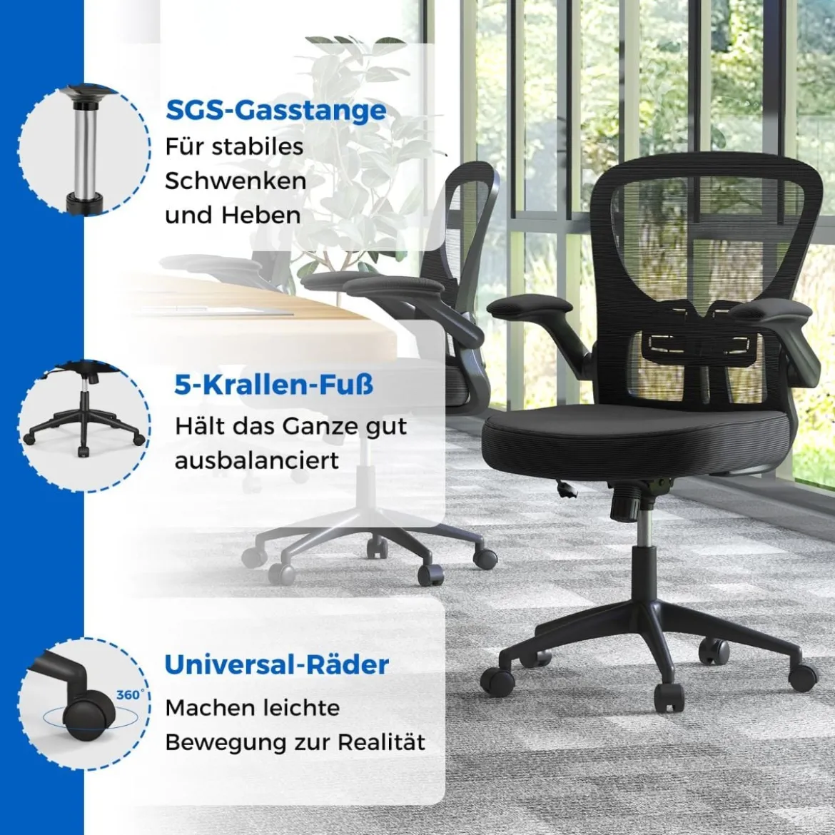Ergonomischer Bürostuhl mit Hochklappbaren Armlehnen & Verstellbarer Lendenstütze & Wippfunktion