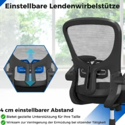 Ergonomischer Bürostuhl mit Hochklappbaren Armlehnen & Verstellbarer Lendenstütze & Wippfunktion
