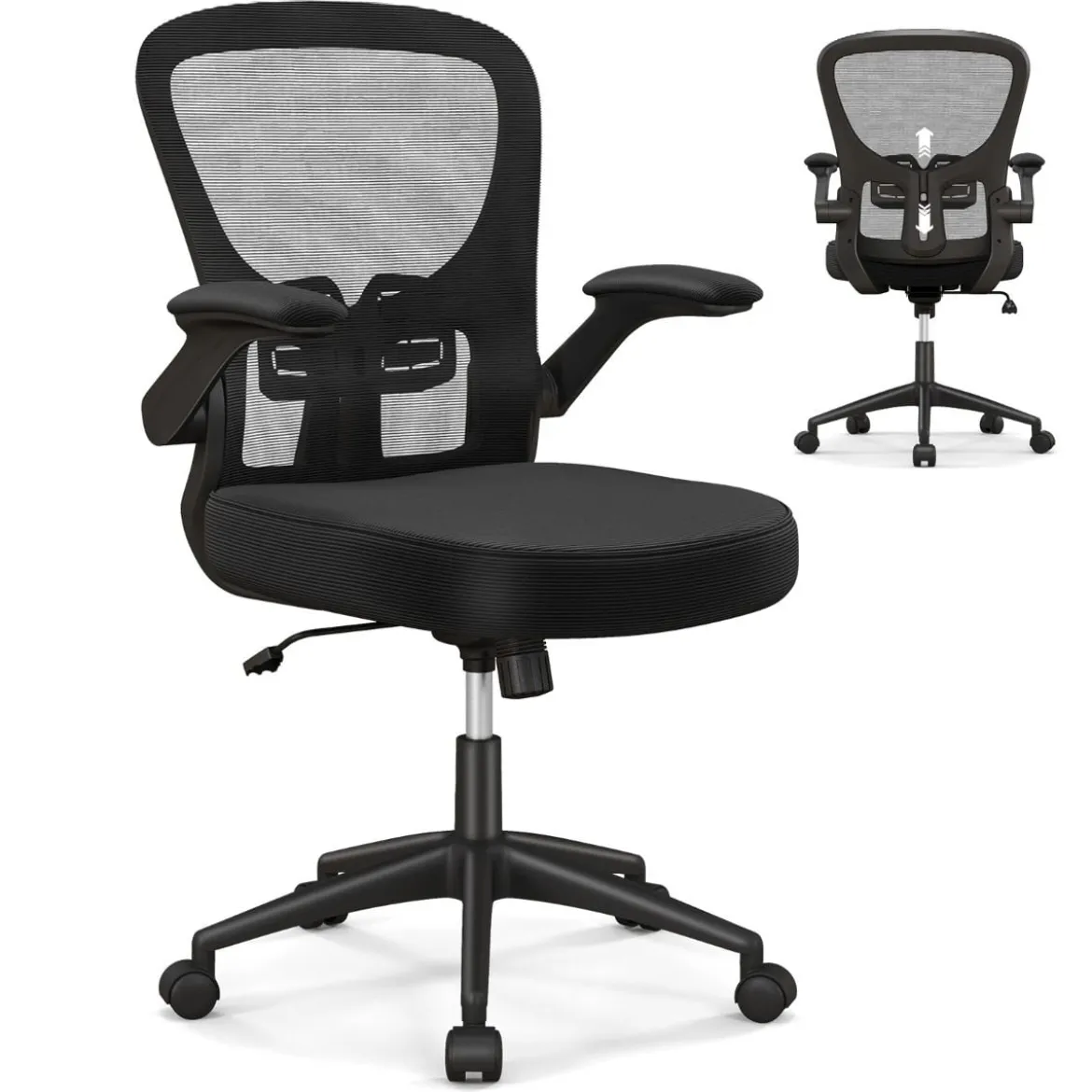 Ergonomischer Bürostuhl mit Hochklappbaren Armlehnen & Verstellbarer Lendenstütze & Wippfunktion