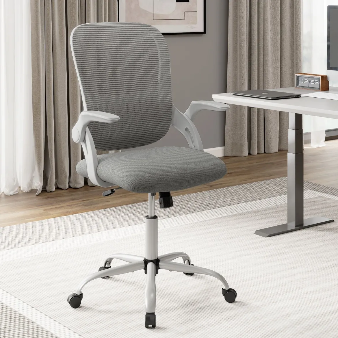 Ergonomischer Bürostuhl mit Hochklappbaren Armlehnen & Wippfunktion Computerstuhl Grau