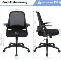Ergonomischer Bürostuhl mit Klappbaren Armlehnen & Mittlerer Rückenlehne Schwarz