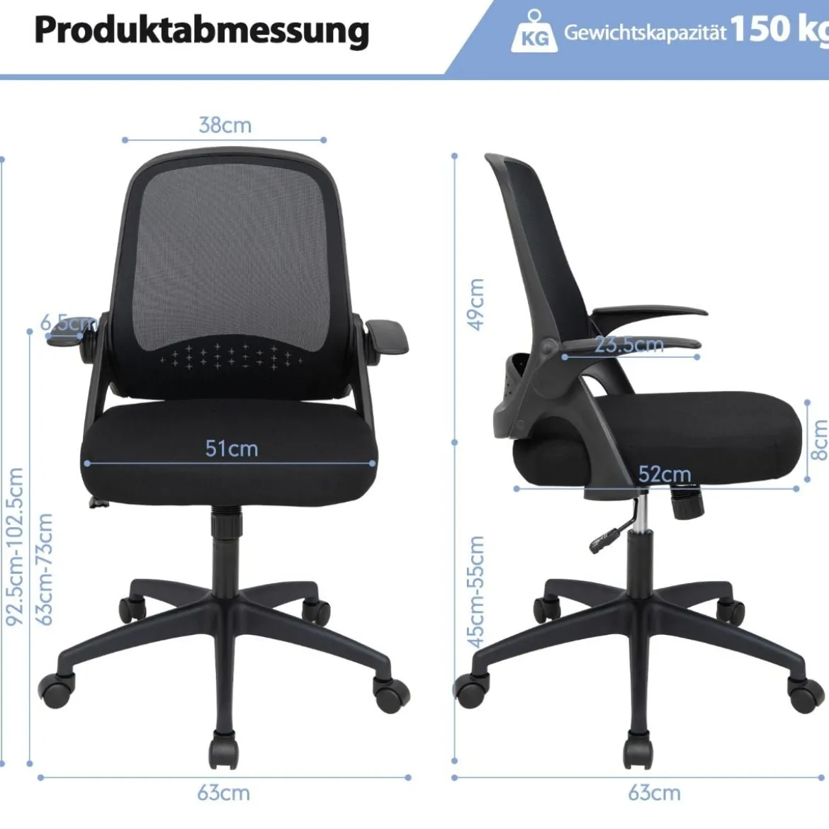 Ergonomischer Bürostuhl mit Klappbaren Armlehnen & Mittlerer Rückenlehne Schwarz