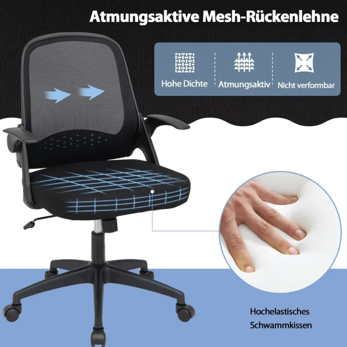 Ergonomischer Bürostuhl mit Klappbaren Armlehnen & Mittlerer Rückenlehne Schwarz