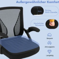 Ergonomischer Bürostuhl mit klappbaren Armlehnen Schreibtischstuhl mit mittlerer Rückenlehne 57 x 63 x 90–100 cm Schwarz