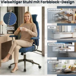 Ergonomischer Bürostuhl mit Leinenstoff & Verstellbarer Rückenlehne & Kopfstütze Schreibtischstuhl Blau