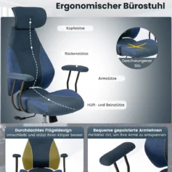 Ergonomischer Bürostuhl mit Leinenstoff & Verstellbarer Rückenlehne & Kopfstütze Schreibtischstuhl Blau