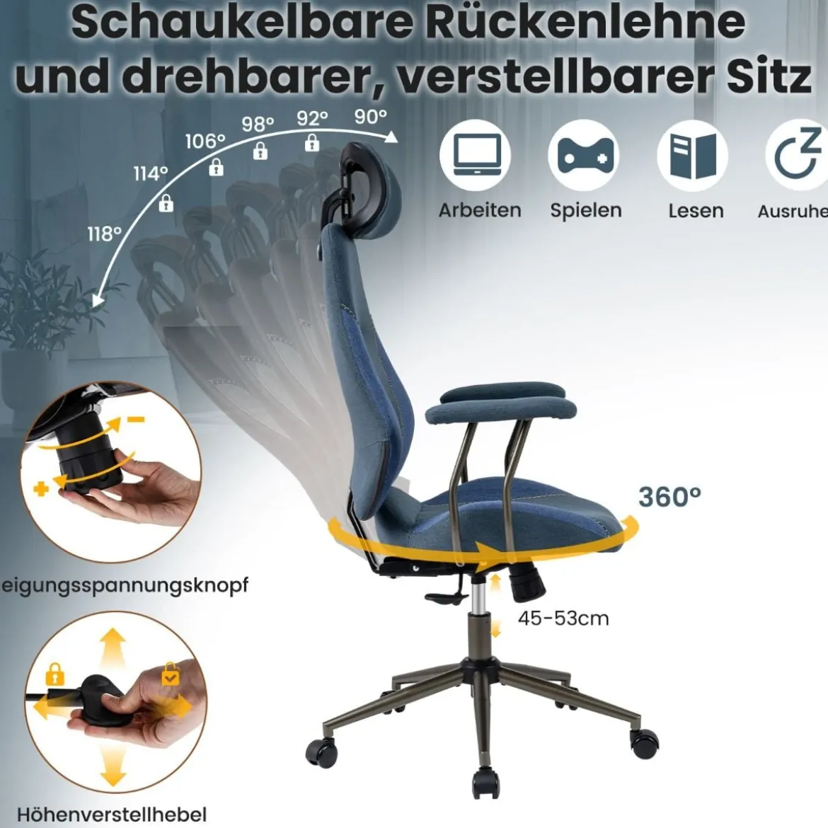 Ergonomischer Bürostuhl mit Leinenstoff & Verstellbarer Rückenlehne & Kopfstütze Schreibtischstuhl Blau