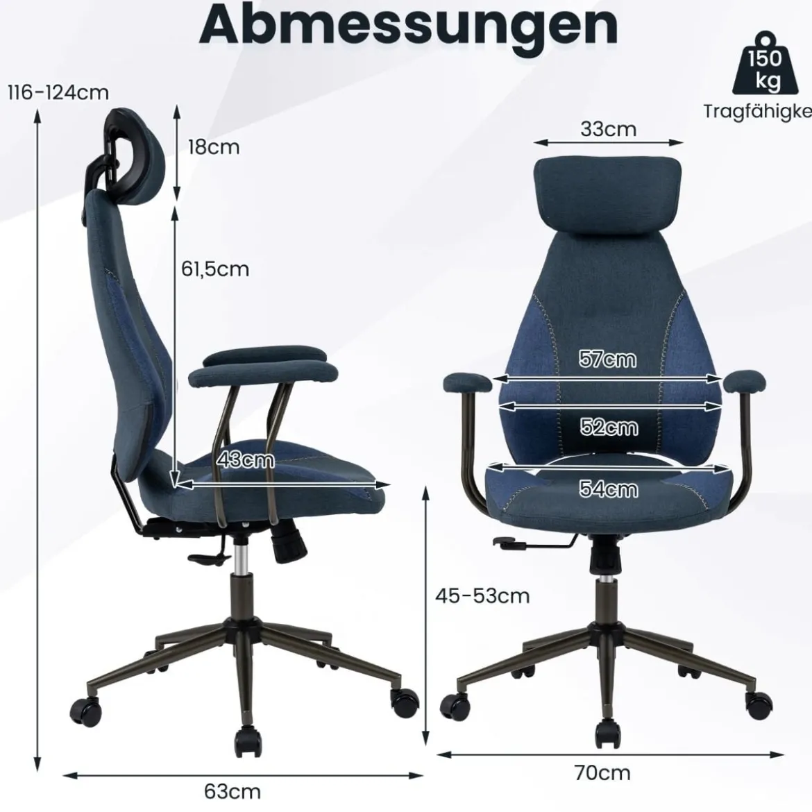 Ergonomischer Bürostuhl mit Leinenstoff & Verstellbarer Rückenlehne & Kopfstütze Schreibtischstuhl Blau