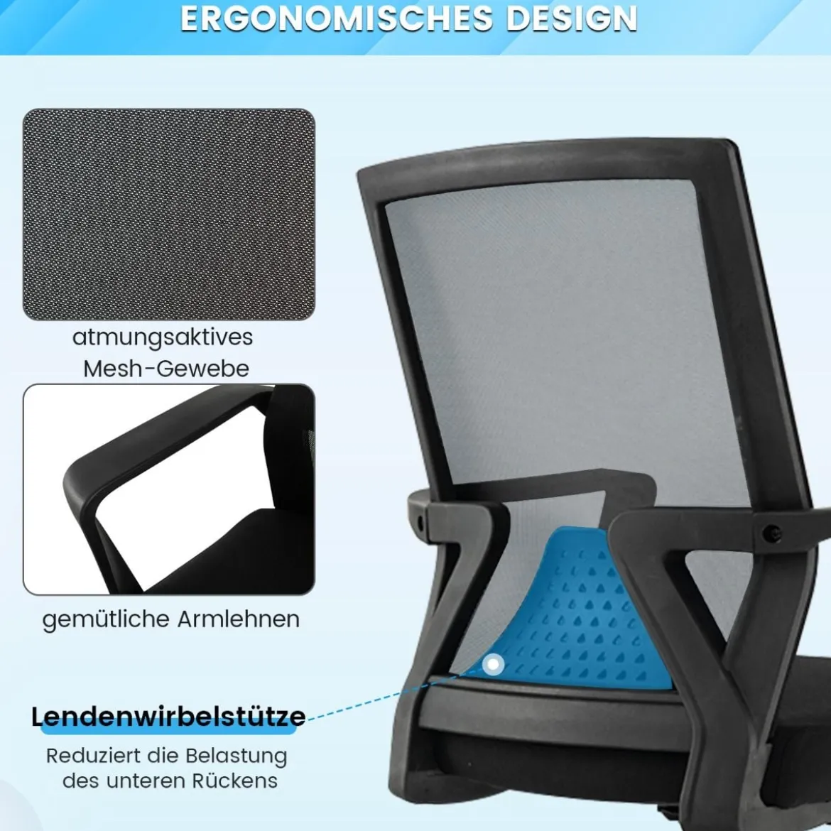 Ergonomischer Bürostuhl mit Lordosenstütze & Wippfunktion Schreibtischstuhl Schwarz