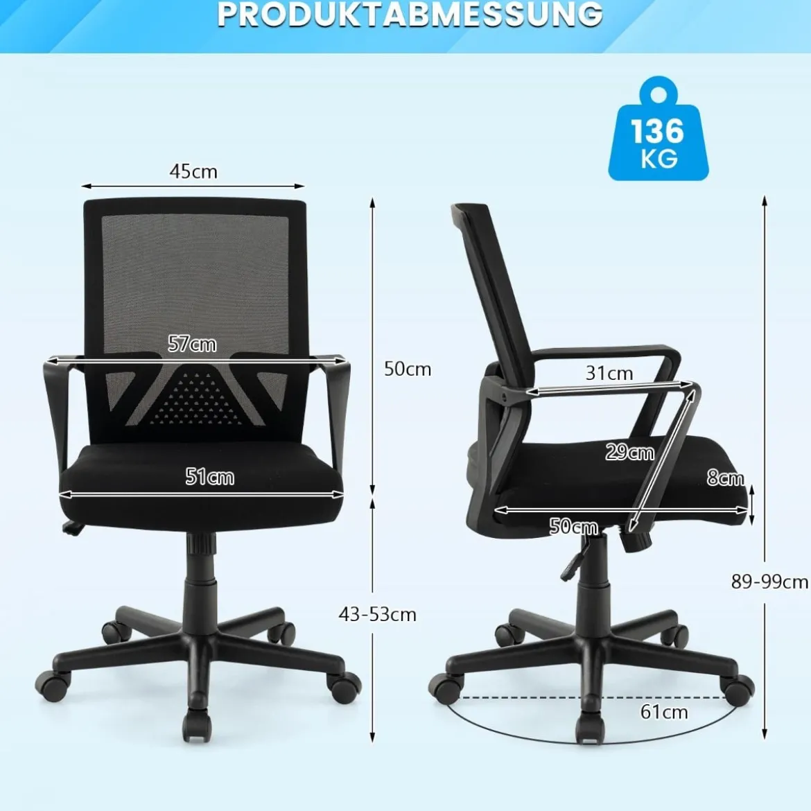 Ergonomischer Bürostuhl mit Lordosenstütze & Wippfunktion Schreibtischstuhl Schwarz
